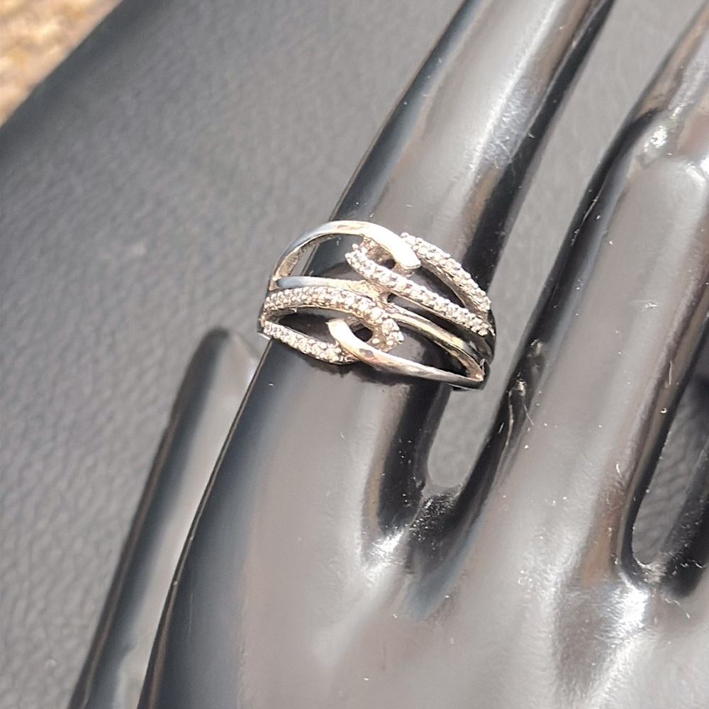 Sterling Silver Modern Interwoven Twisted Ring w CZ Stones Size 8